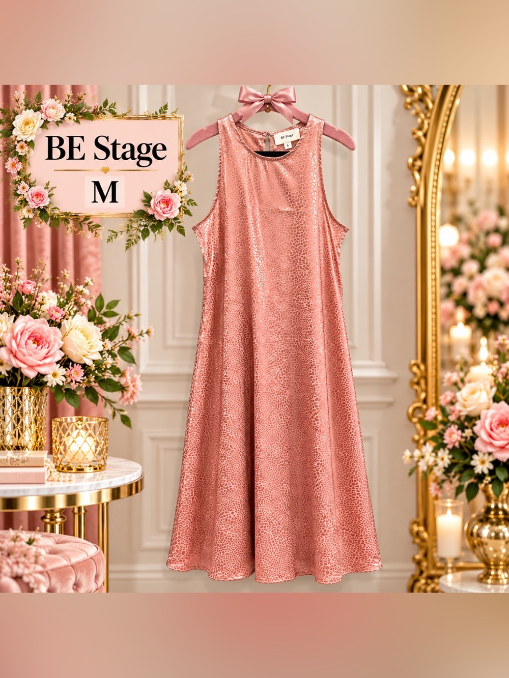 BE Stage Women’s Blush Pink Satin Leopard Print Sleeveless Midi Dress – Size Med